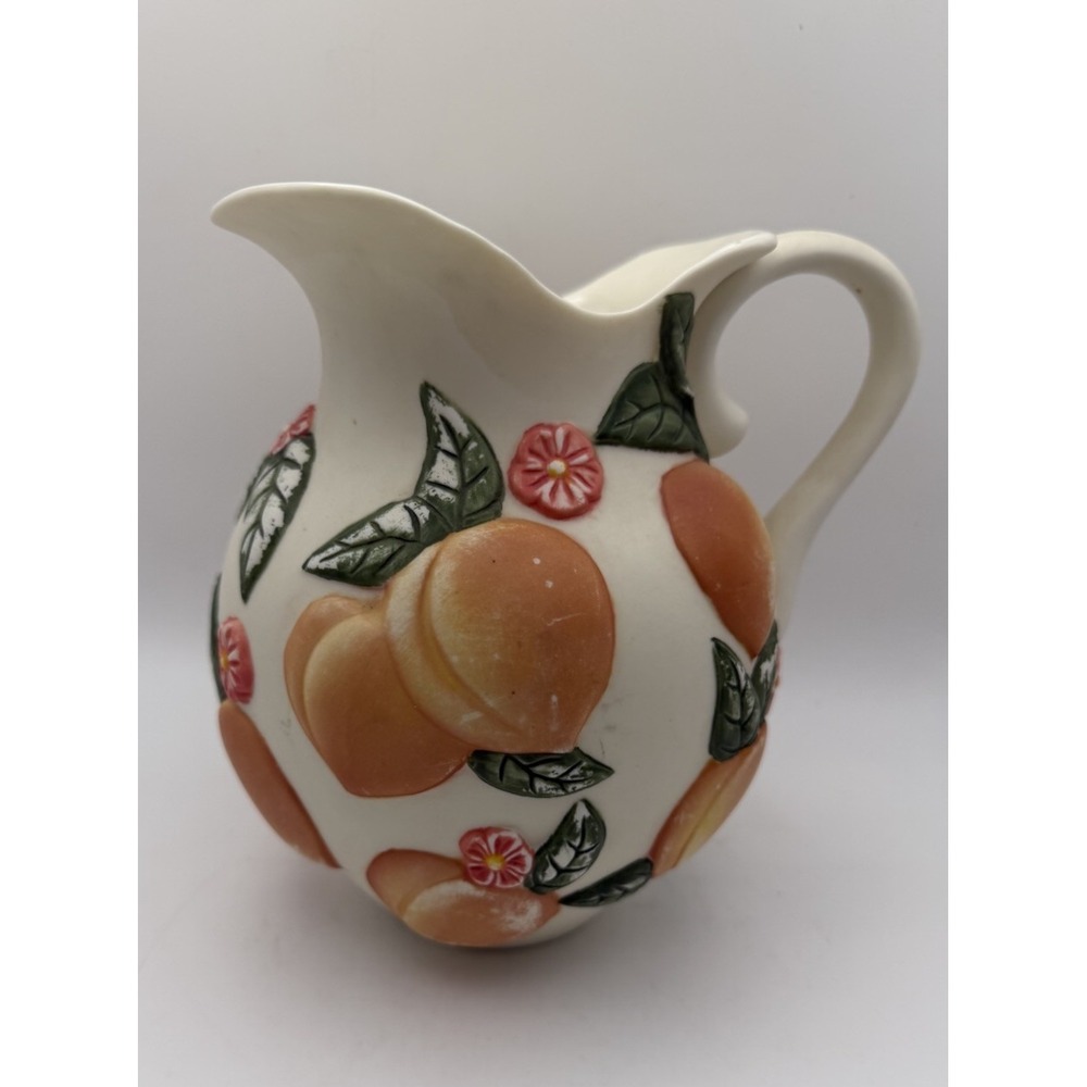 Vintage Claire Burke Peach Fruit Pitcher Ceramic Raised Relief Farmhouse 6.5"